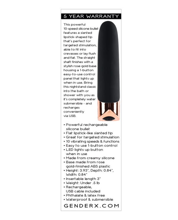 Gender X The Gold Standard Rechargeable Silicone Bullet - Black/Rose Gold - Image 2