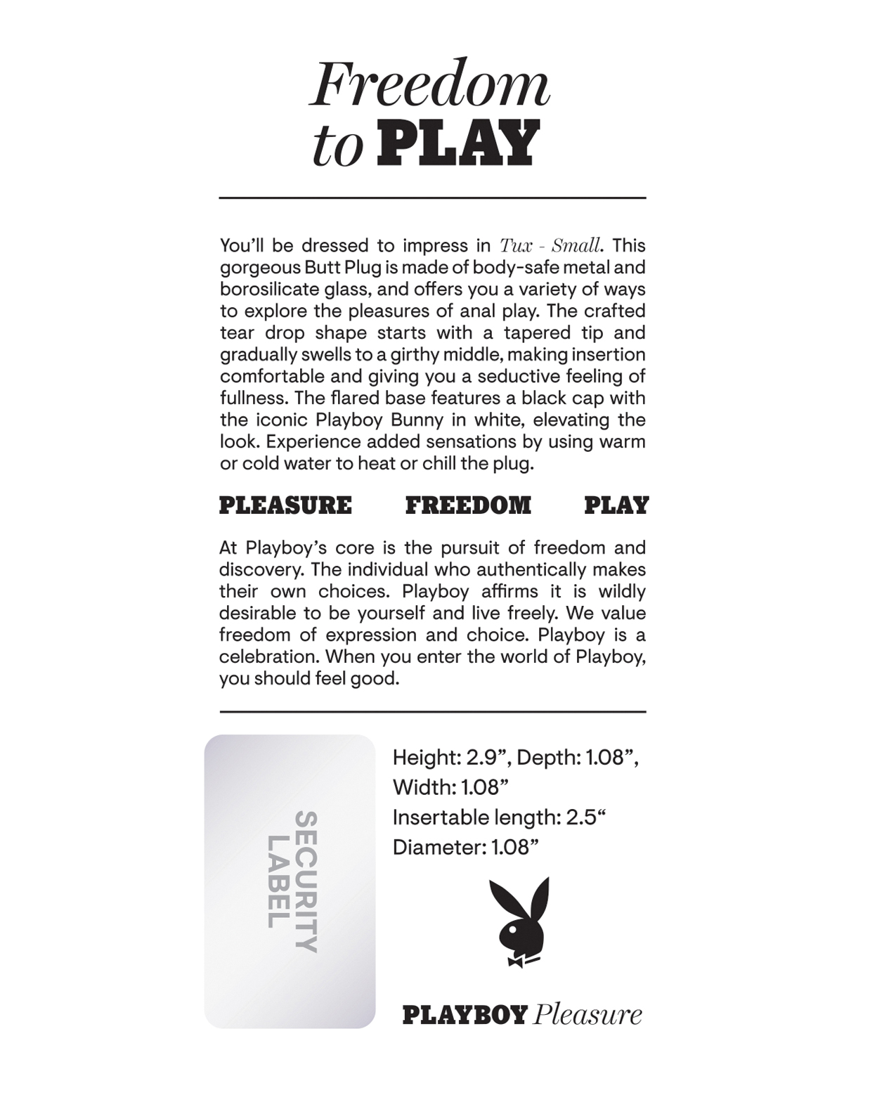Playboy Pleasure Tux Butt Plug - Small - Image 2