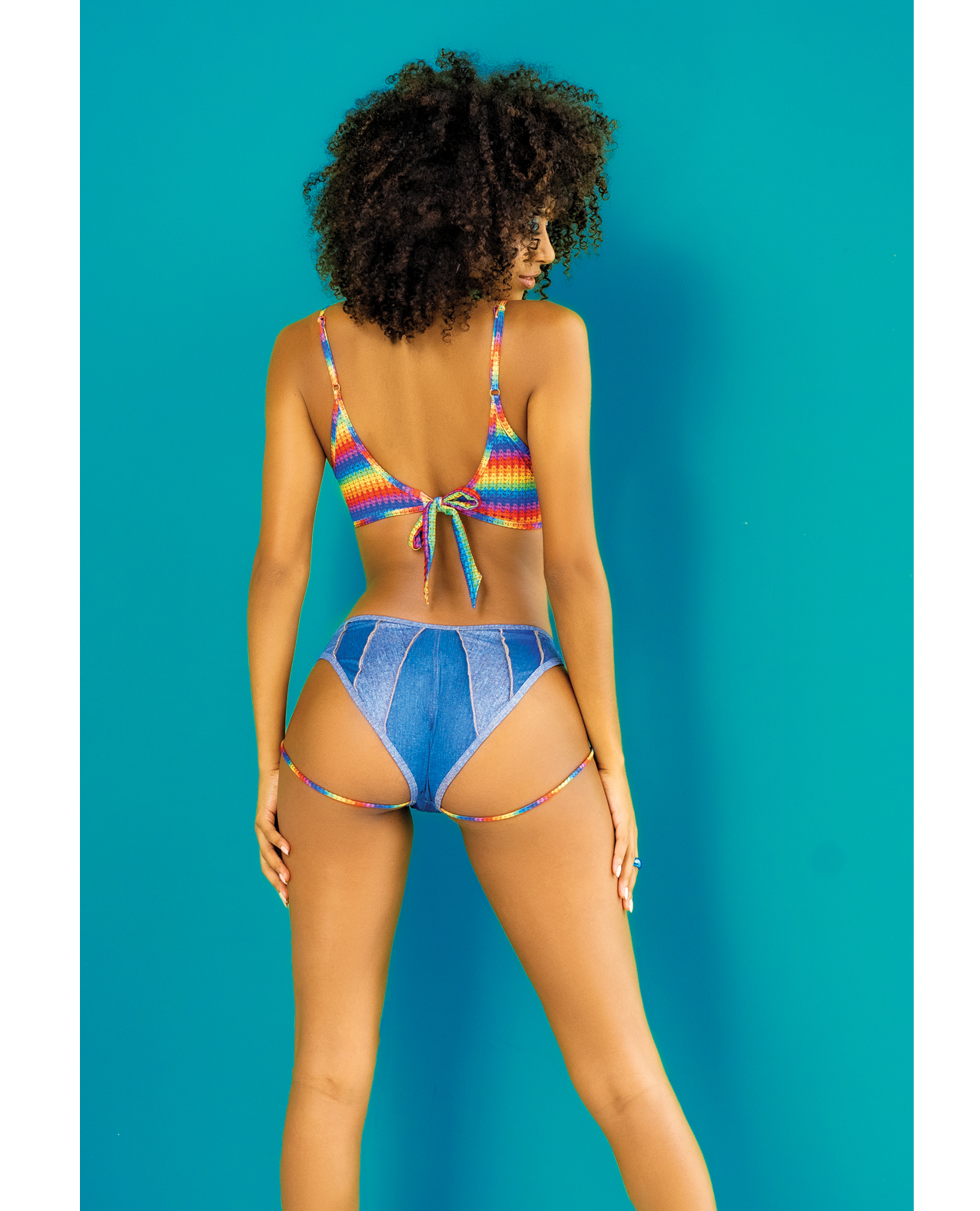 Rainbow Top & Strappy Micro Mini Shorts Chambray Prints L/XL - Image 2