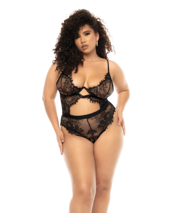 Floral Lace & Mesh Underwire Bodysuit w/Keyhole Details Black 3X/4X