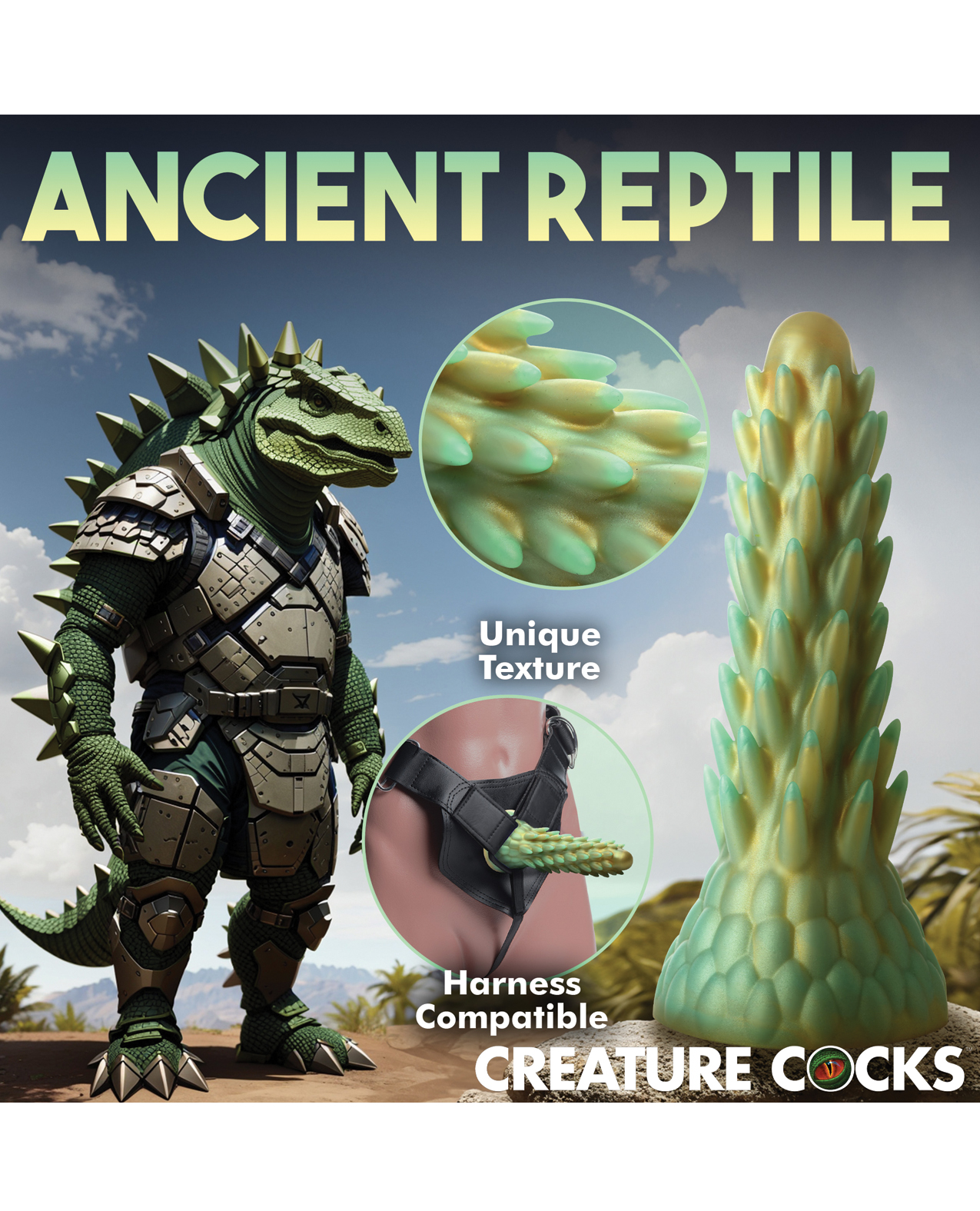 Creature Cocks Stegosaurus Spiky Reptile Silicone Dildo - Teal/Gold - Image 5