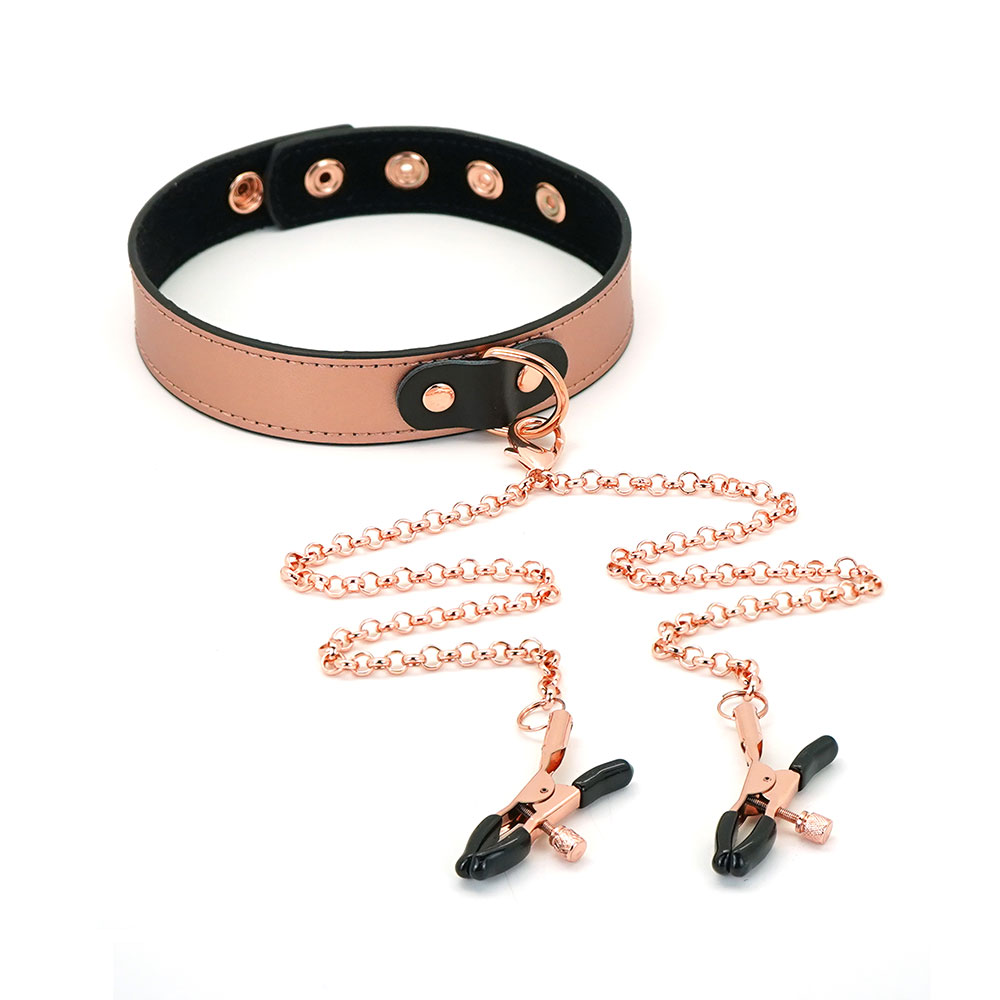 Rose Gold Memory - Leather Collar with Nipple Clamps