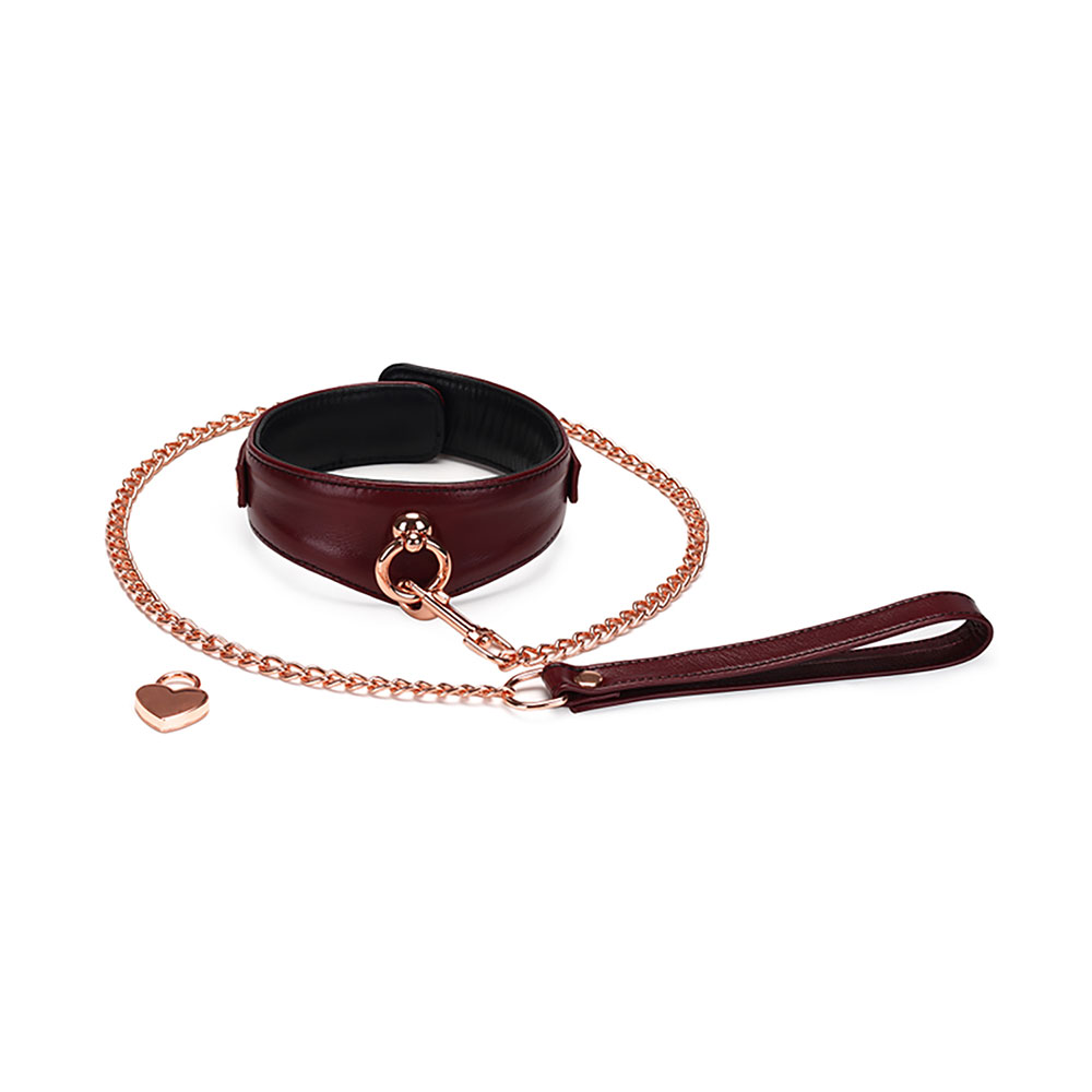 Deluxe Curved Collar with Chain Leash & Lock - Wine Red